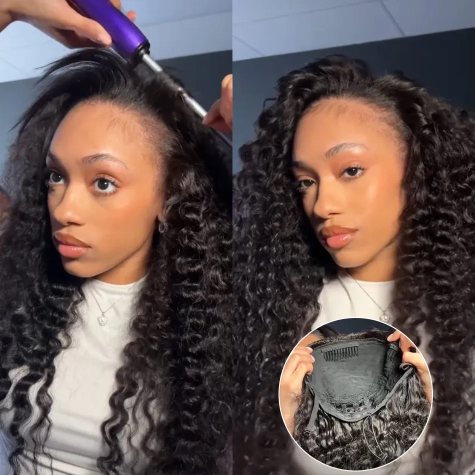 【3 IN 1 HALF WIG】Burmese Curly GLUELESS Invisible Half Wig For Blackwomen Clip In Protective Styles Human Hair