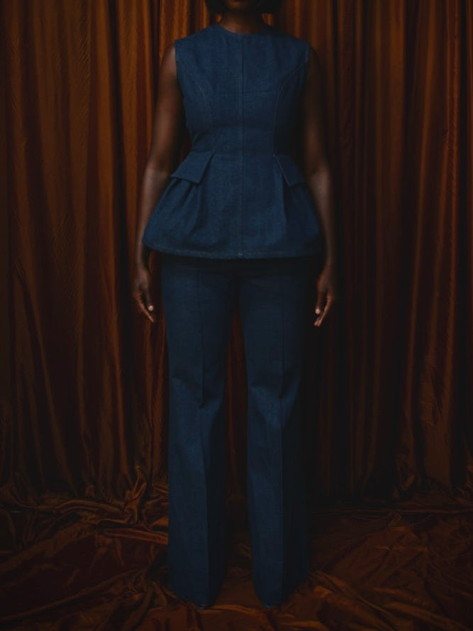 Backless Denim Peplum Two Pieces Set