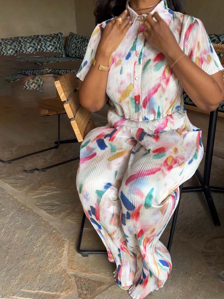 Fashion Printed Pleated Two Pieces Set