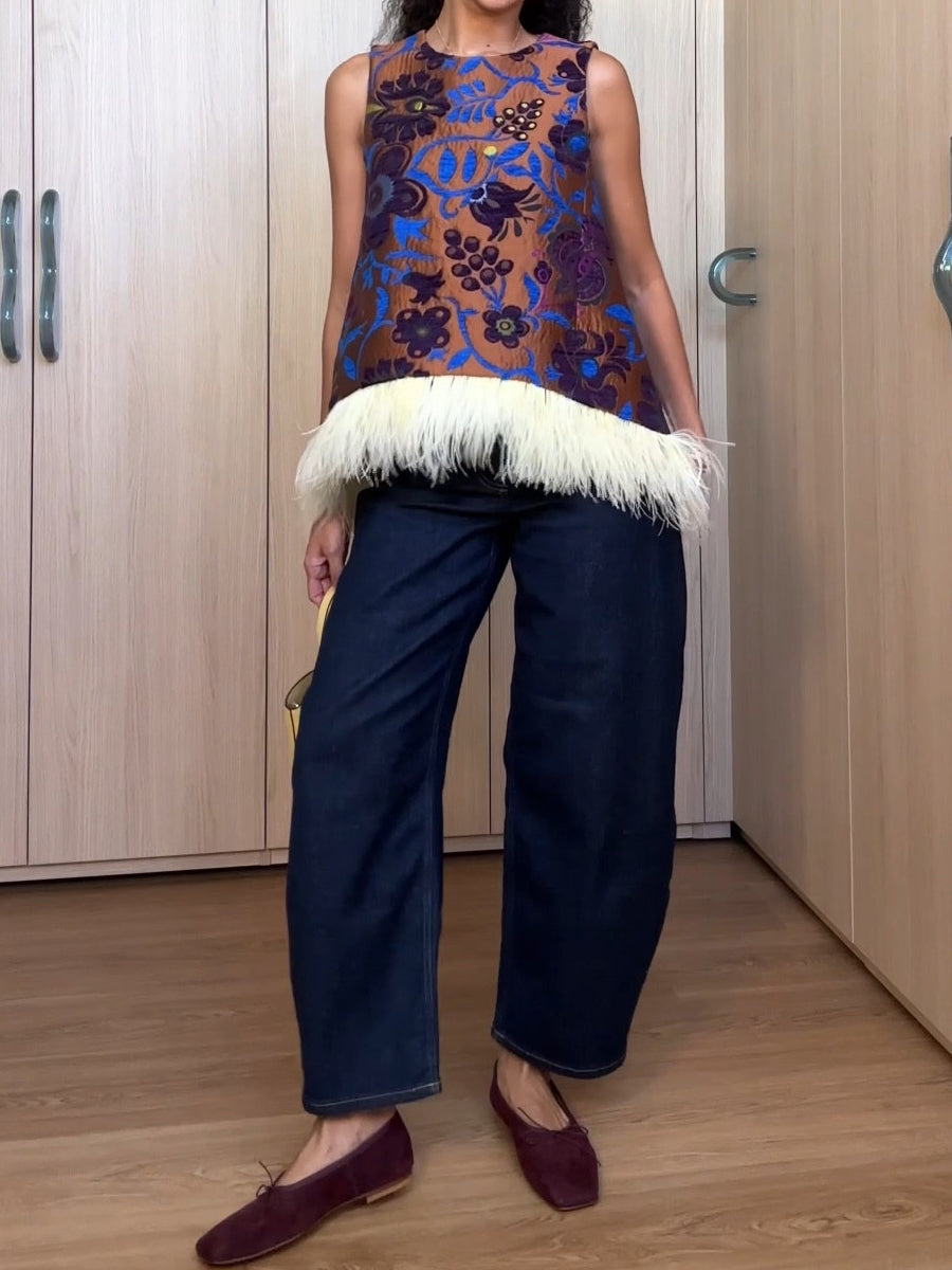 Printed Sleeveless Feather Trim Top