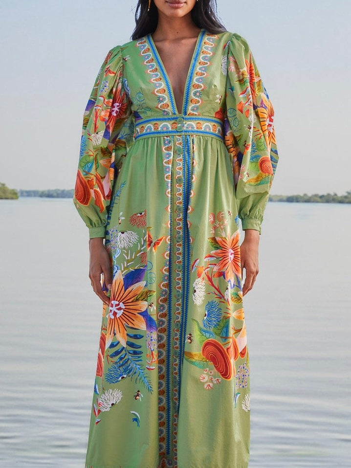 Green Tropical Print Dress