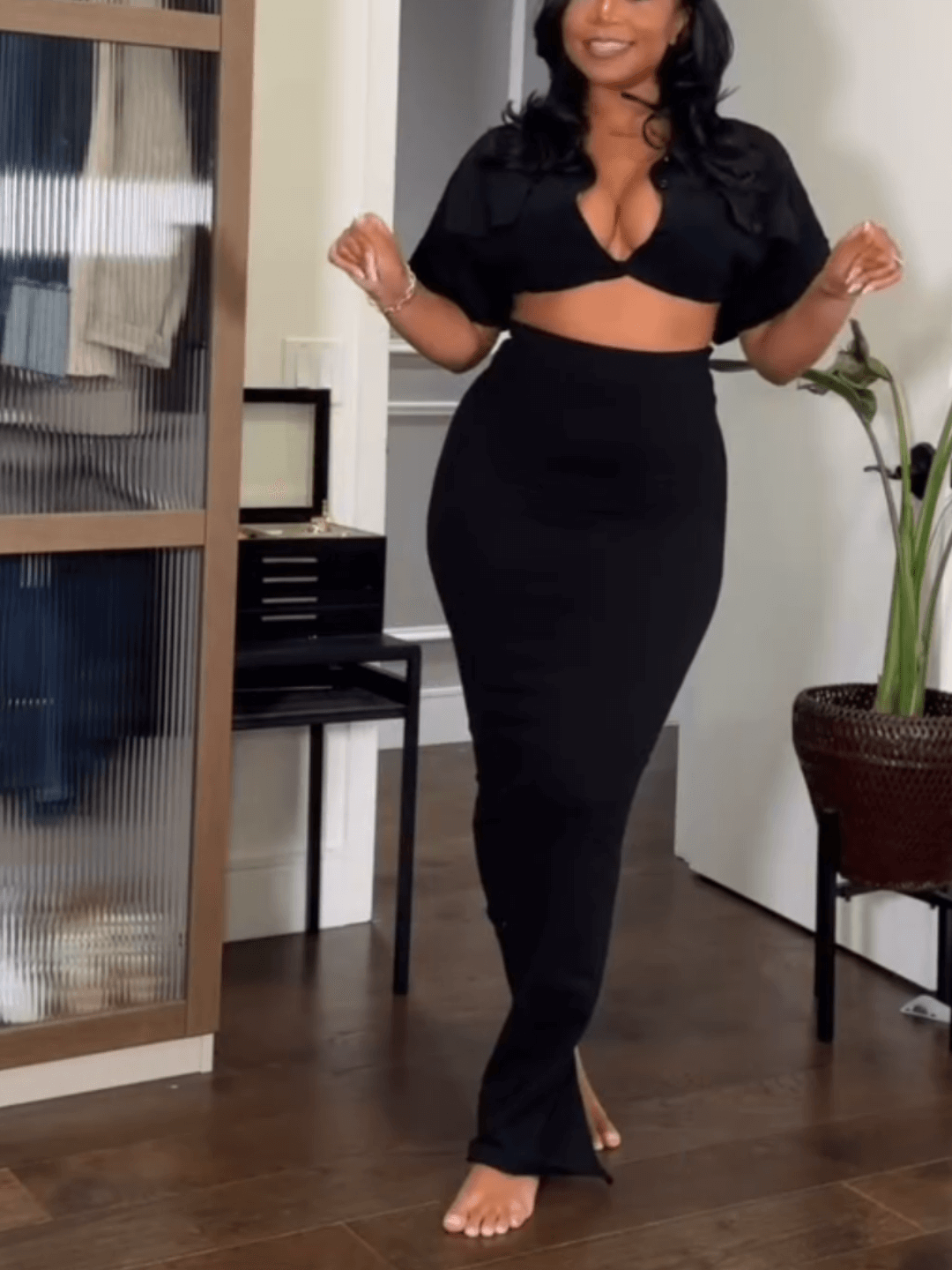 Sexy V Neck Top & Long Skirt 2pc Set