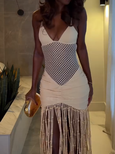 Mesh Pleated Hip-Wrap Tassel Maxi Dress