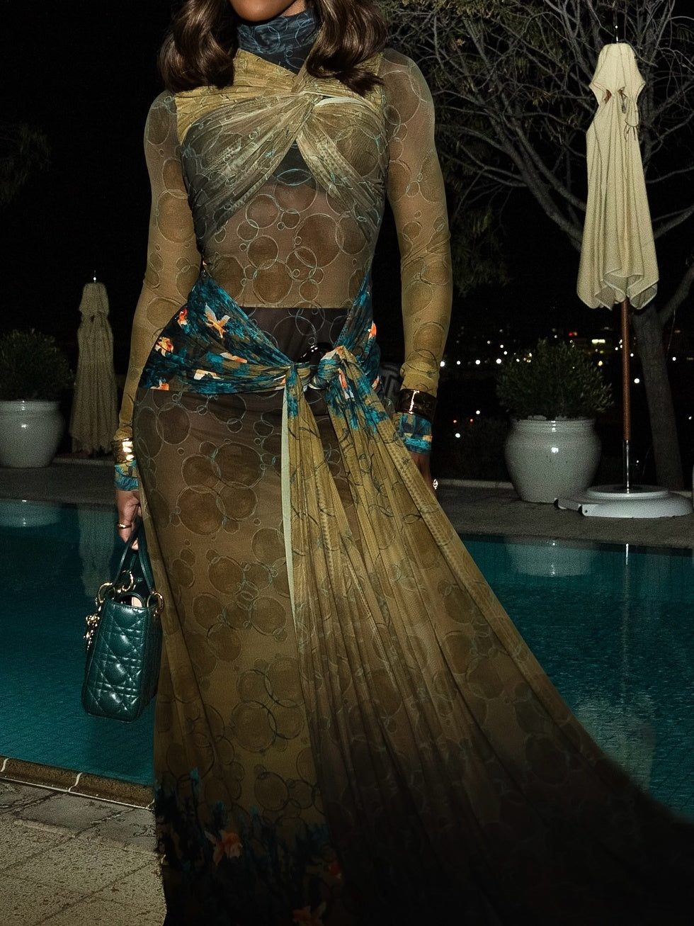 Olive Bubble Seaweed Mix Knotted Mesh Dress