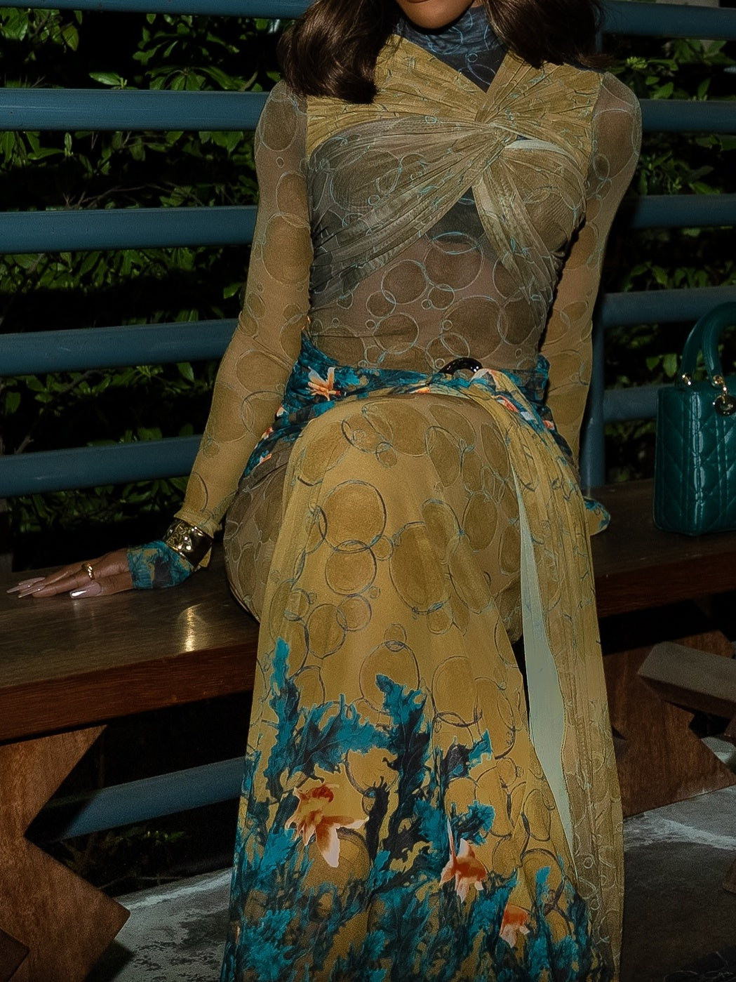 Olive Bubble Seaweed Mix Knotted Mesh Dress