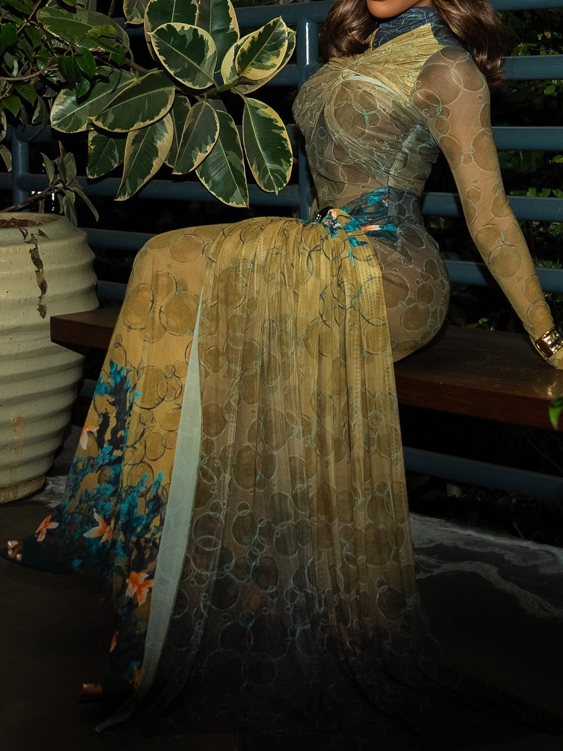 Olive Bubble Seaweed Mix Knotted Mesh Dress