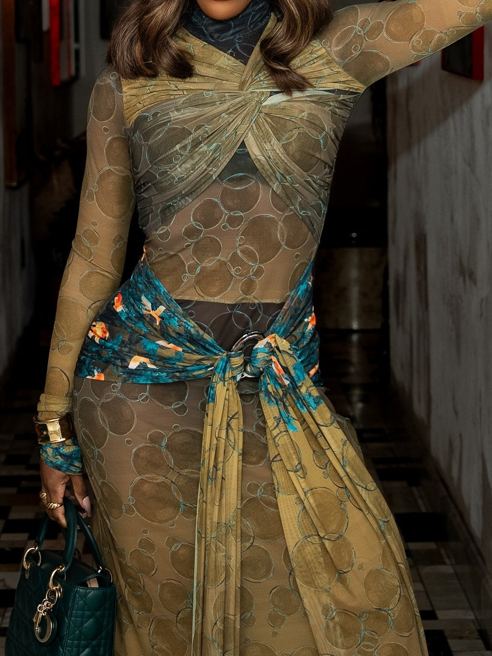 Olive Bubble Seaweed Mix Knotted Mesh Dress