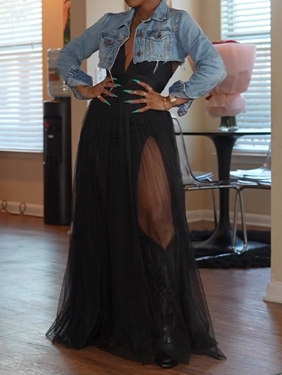 Simple Black V Neck Tulle Long Prom Dresses