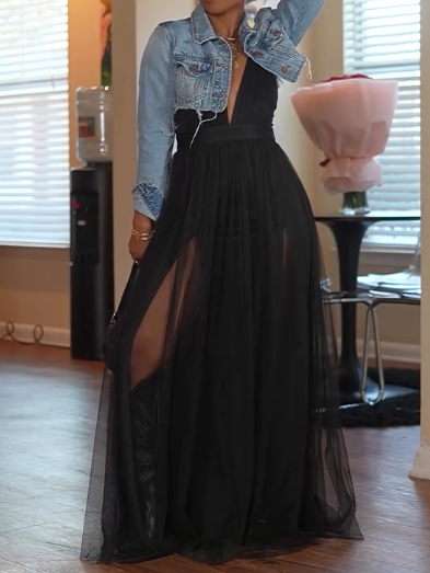 Simple Black V Neck Tulle Long Prom Dresses