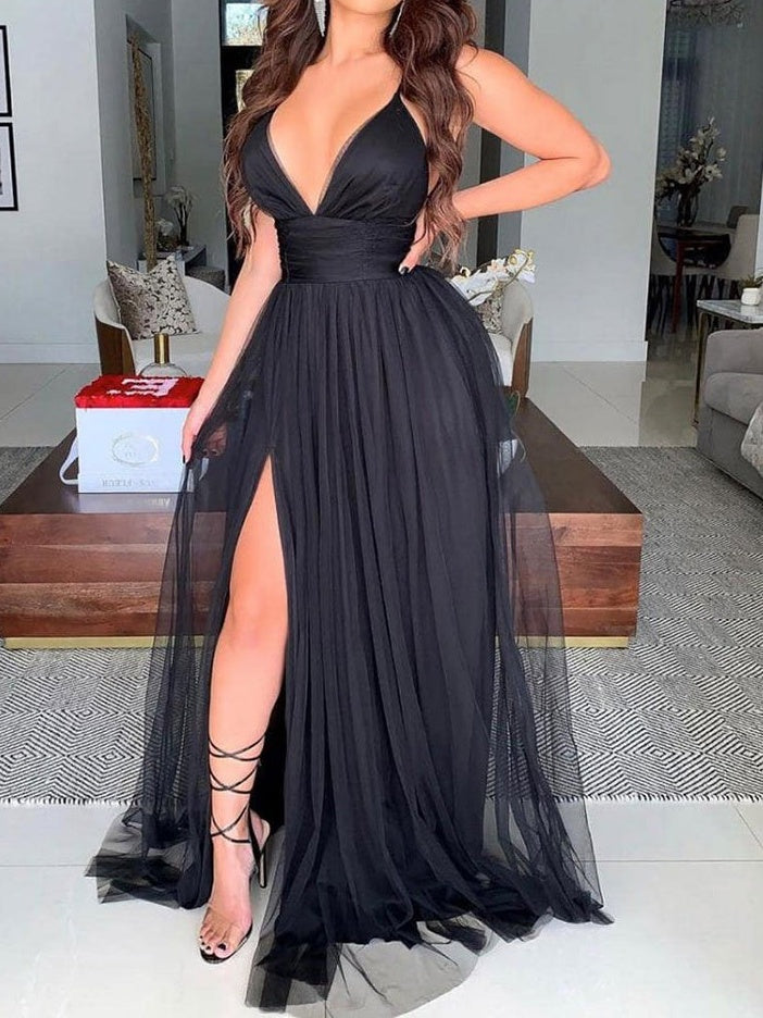 Simple Black V Neck Tulle Long Prom Dresses