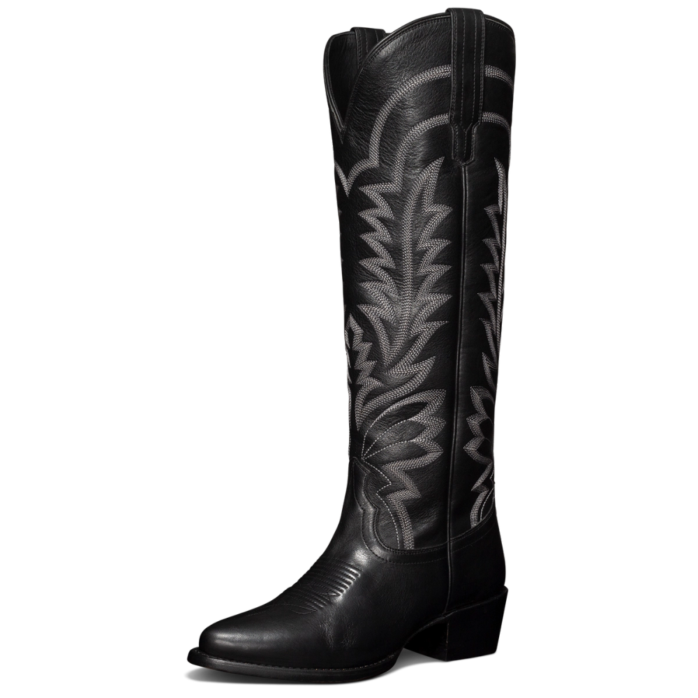 Pointed Toe Knee High Boots Chunky Block Mid Heel Cowboy Boots