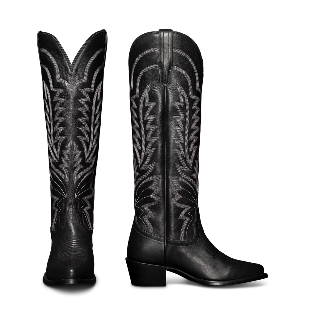 Pointed Toe Knee High Boots Chunky Block Mid Heel Cowboy Boots