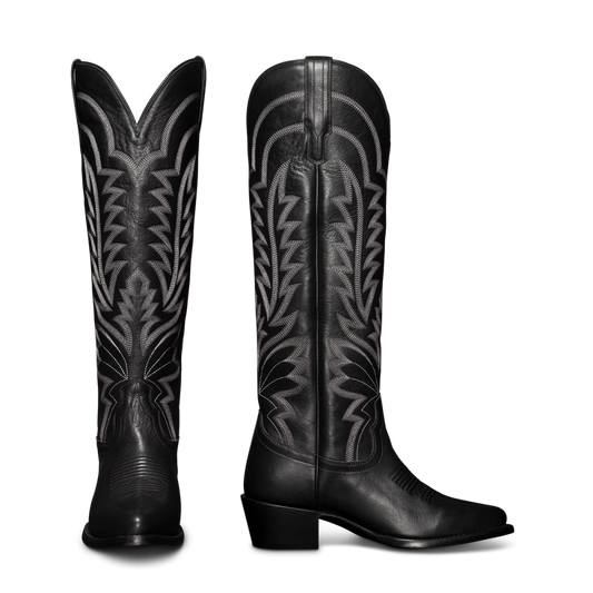 Pointed Toe Knee High Boots Chunky Block Mid Heel Cowboy Boots