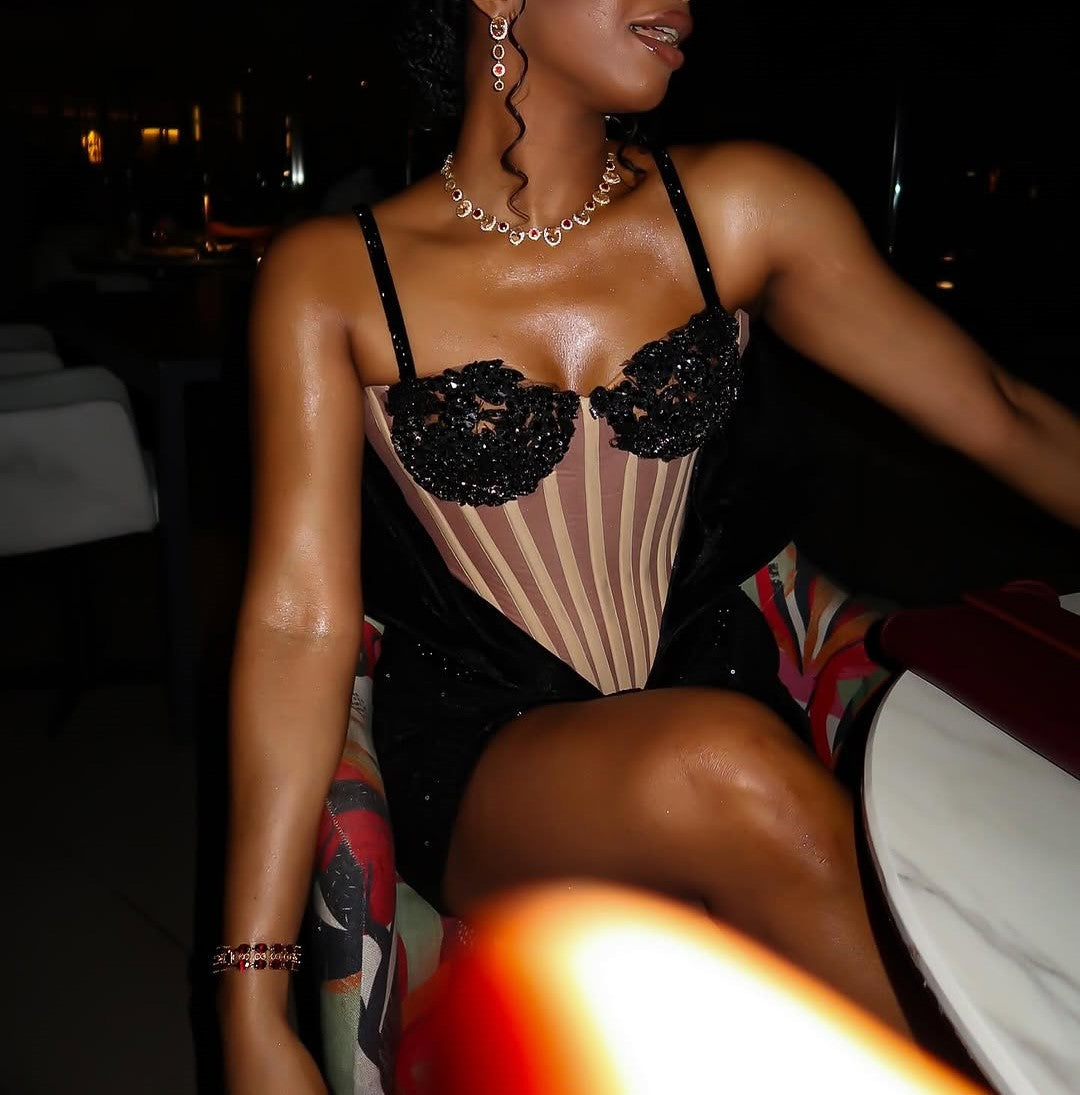 Black And Nude Sequin Hand Made Corset Mini Dress