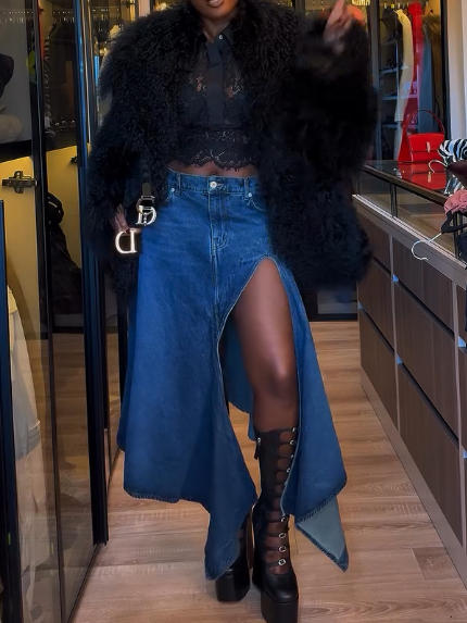Asymmetric High Rise Denim Midi Skirt
