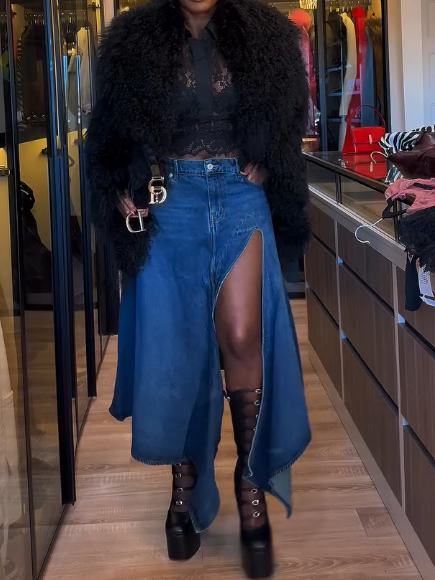 Asymmetric High Rise Denim Midi Skirt