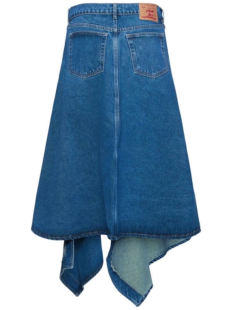 Asymmetric High Rise Denim Midi Skirt