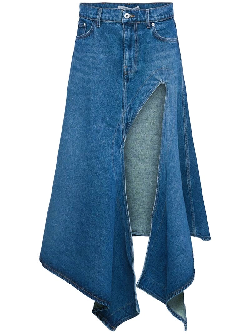 Asymmetric High Rise Denim Midi Skirt