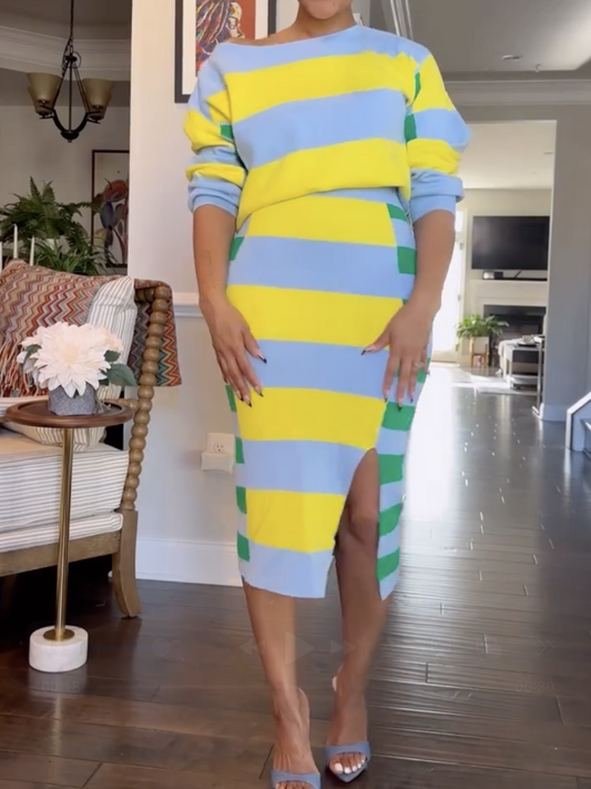 Blue Stripe Skirt Set