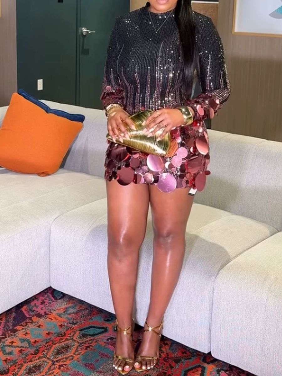 Embellished Sequin Long Sleeve Mini Dress
