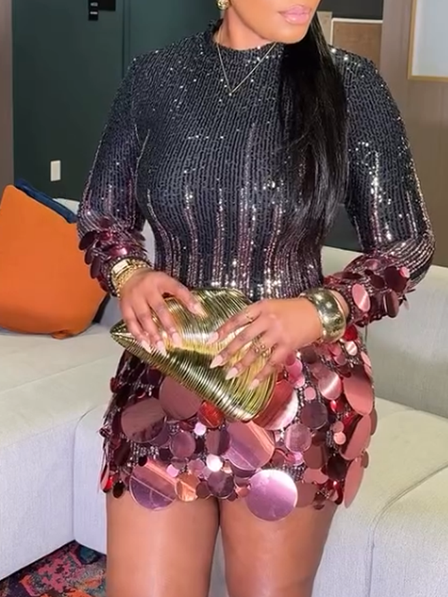 Embellished Sequin Long Sleeve Mini Dress