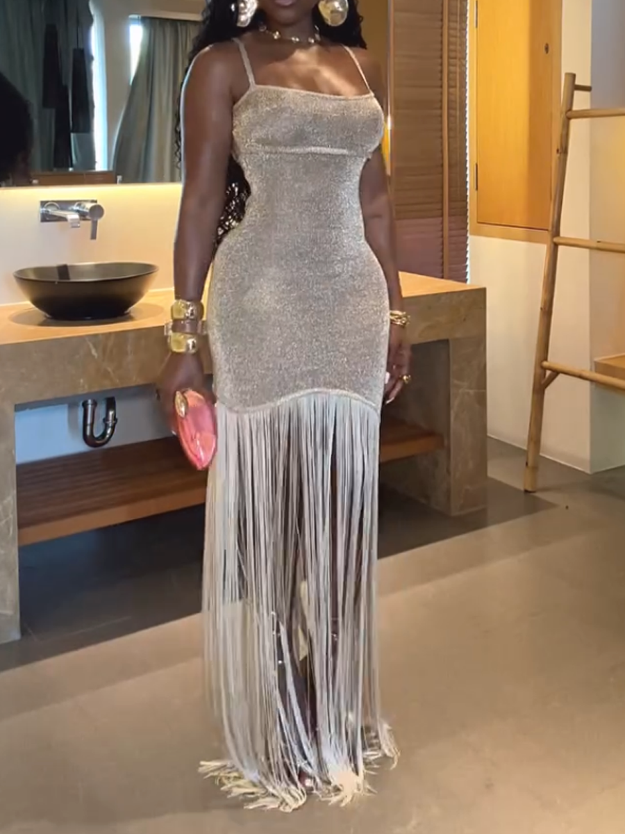 Irregular Shiny Tassel Sleeveless Maxi Dress
