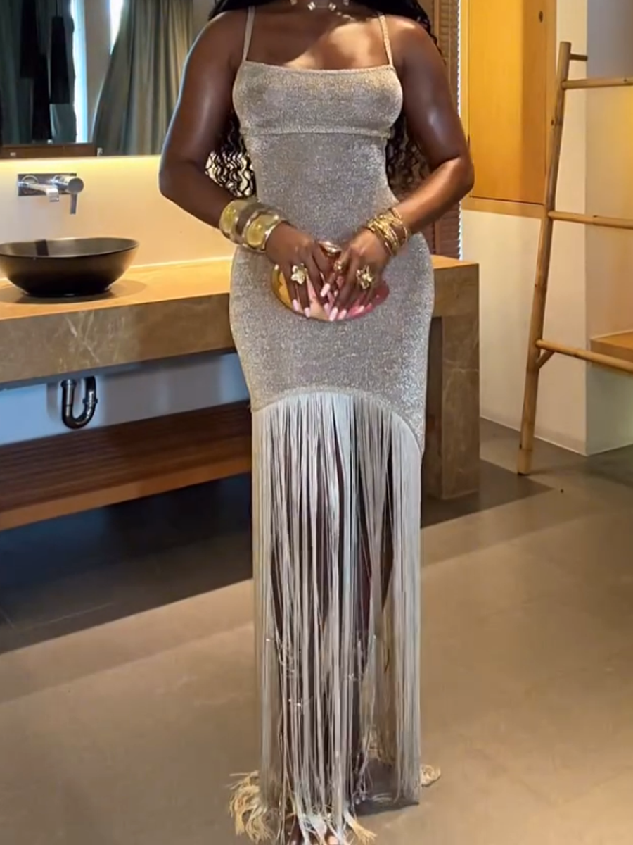 Irregular Shiny Tassel Sleeveless Maxi Dress
