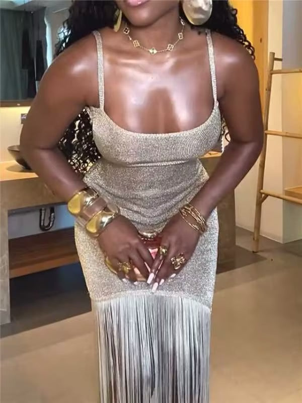Irregular Shiny Tassel Sleeveless Maxi Dress