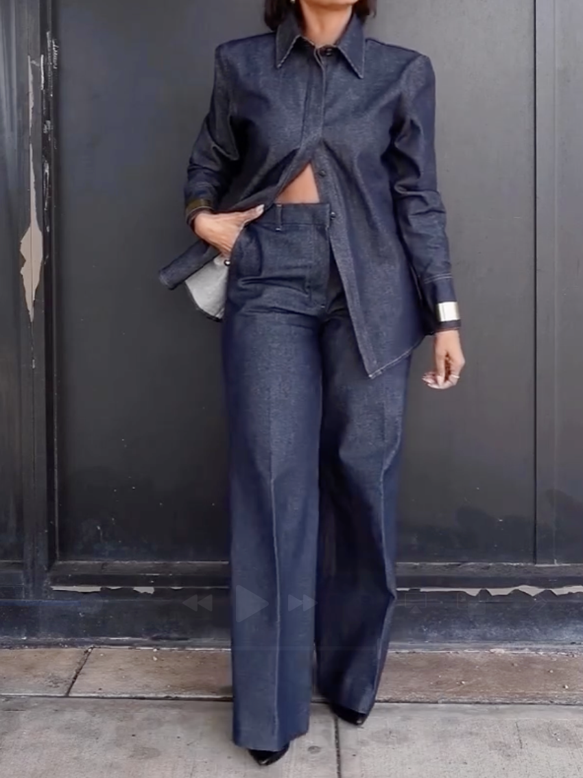 Shoulder Pads Denim Shirt Two Pieces Set