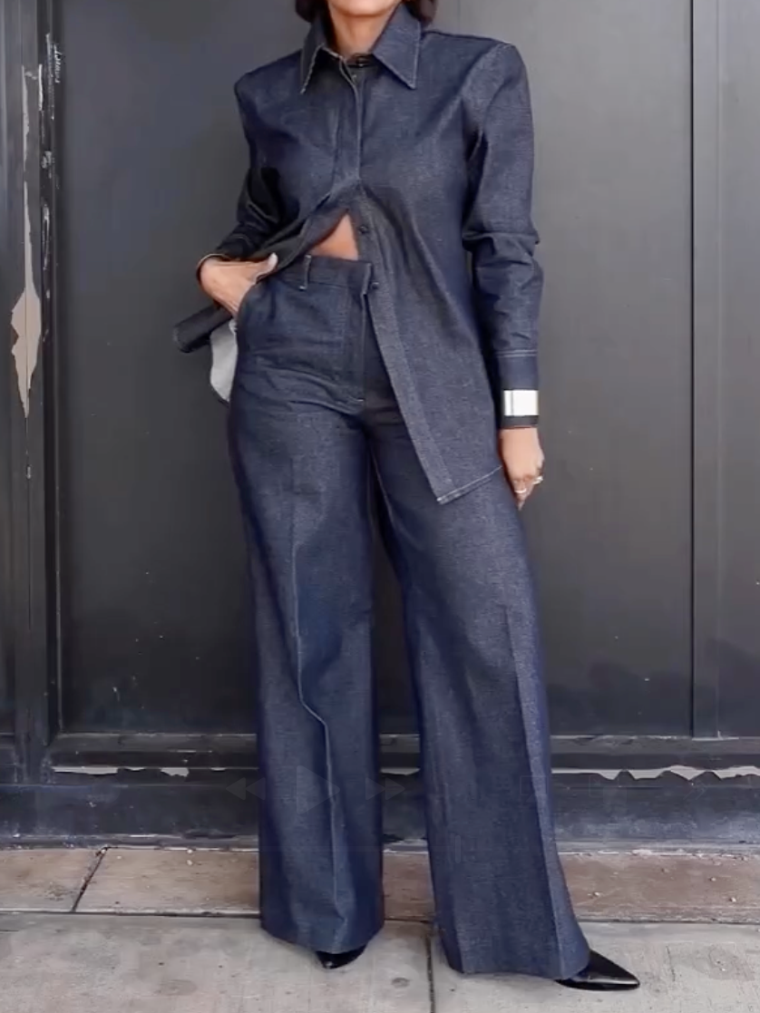 Shoulder Pads Denim Shirt Two Pieces Set