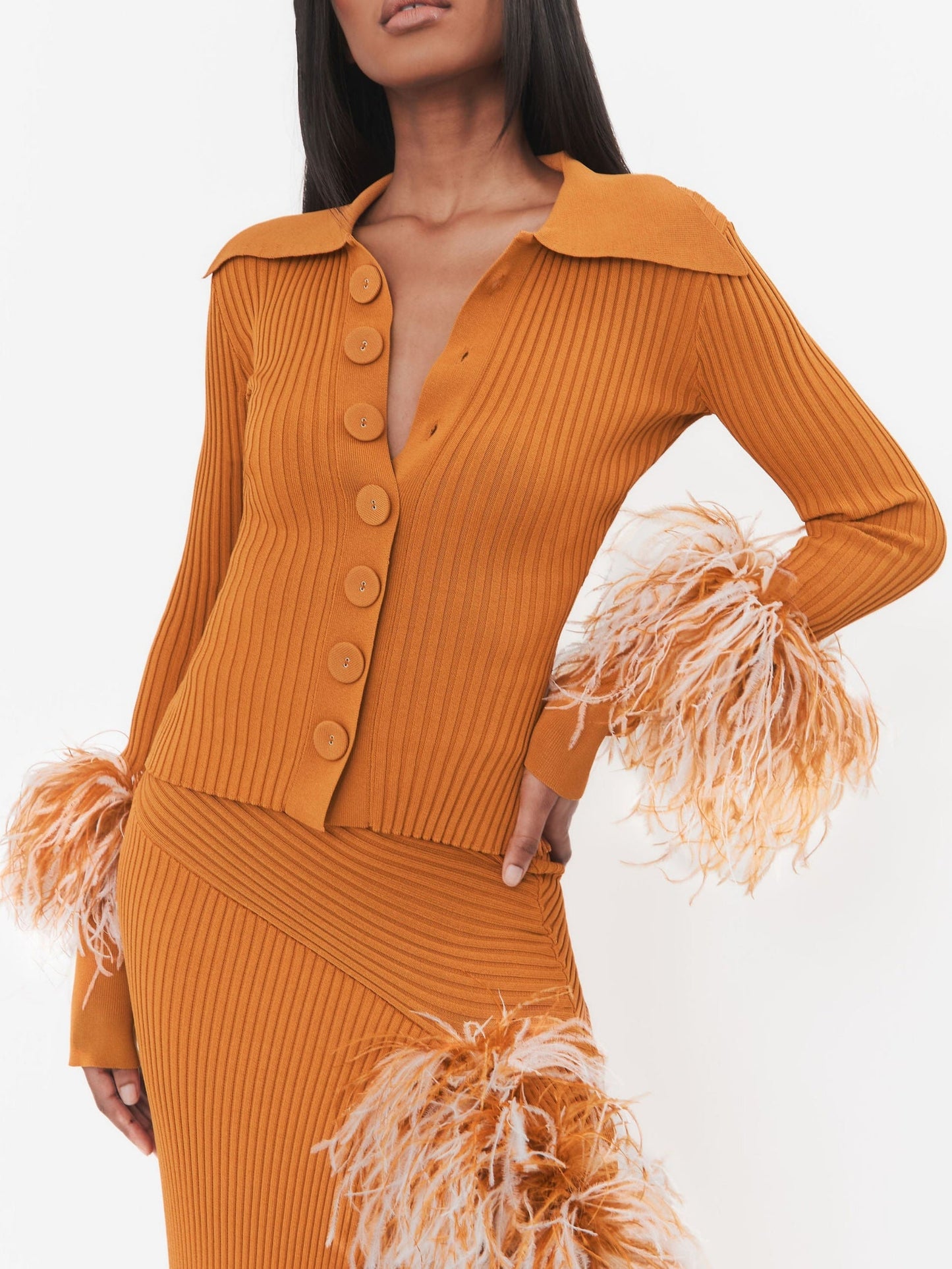 Knitted Feather Top & Slit Midi Skirt 2pc Set