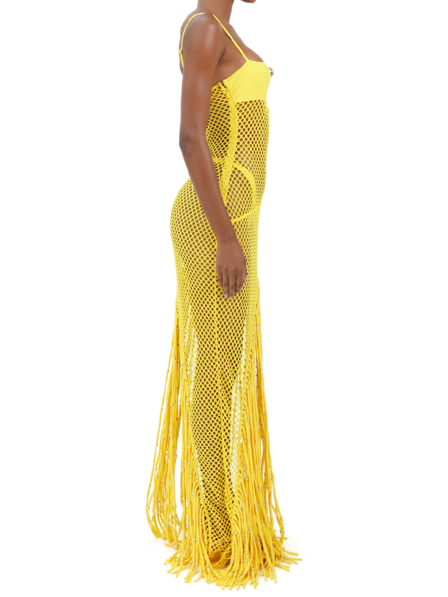 Neon Yellow Crochet Bikini Fringe Skirt Two Piece Set