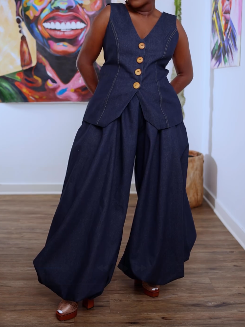 Casual Blue Pocket Pull-On Waist Denim Two Piece Pant Sets