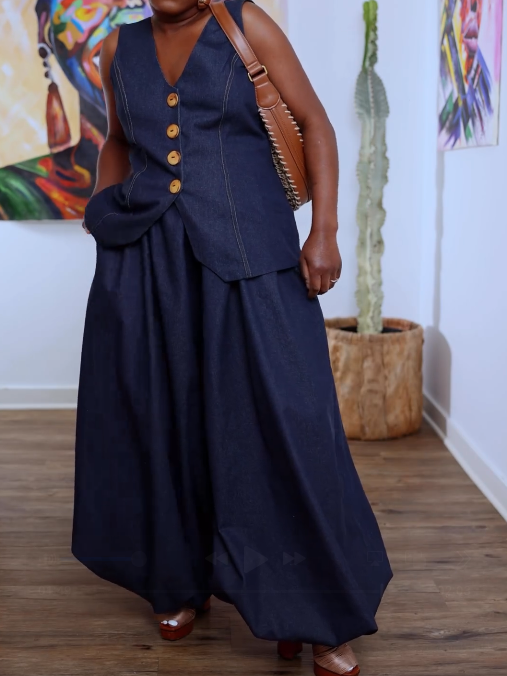 Casual Blue Pocket Pull-On Waist Denim Two Piece Pant Sets