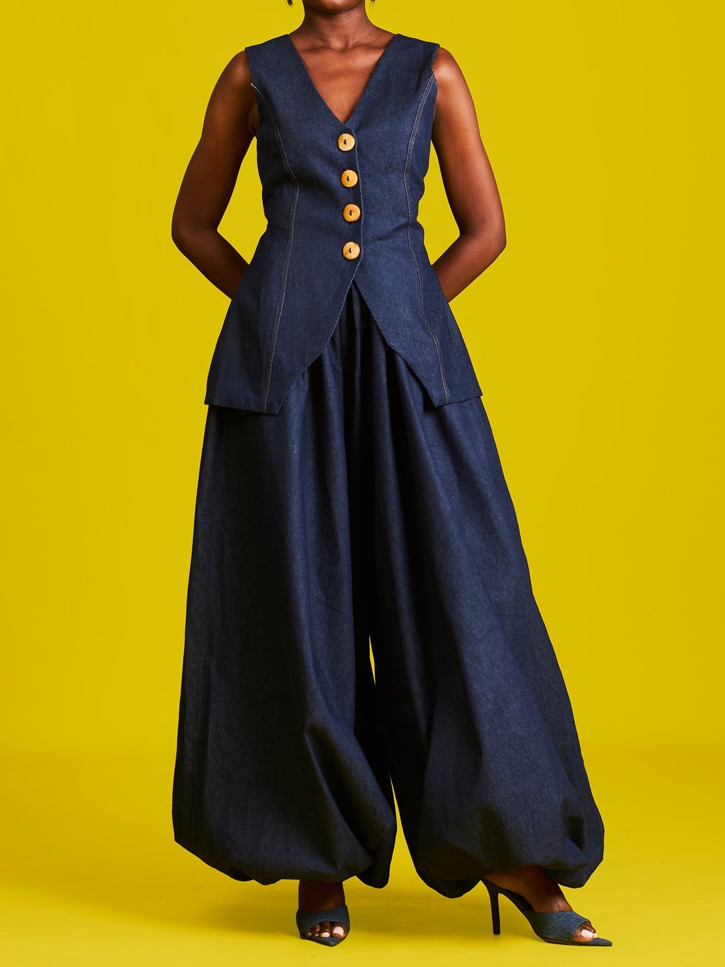 Casual Blue Pocket Pull-On Waist Denim Two Piece Pant Sets