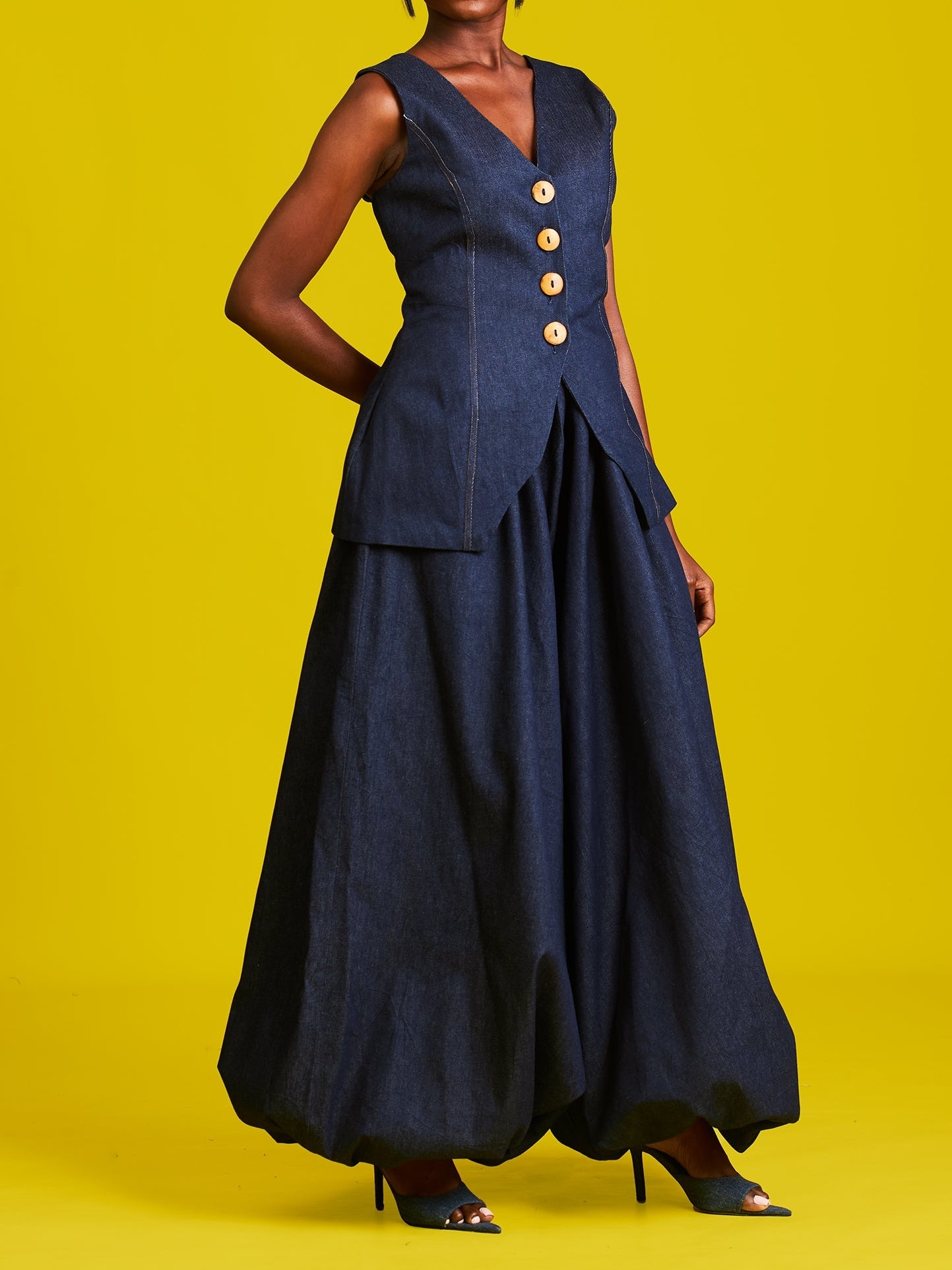 Casual Blue Pocket Pull-On Waist Denim Two Piece Pant Sets