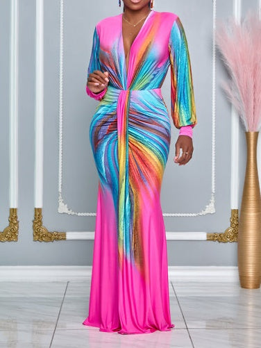 Peacock Long Sleeves Deep V-neck Maxi Dress