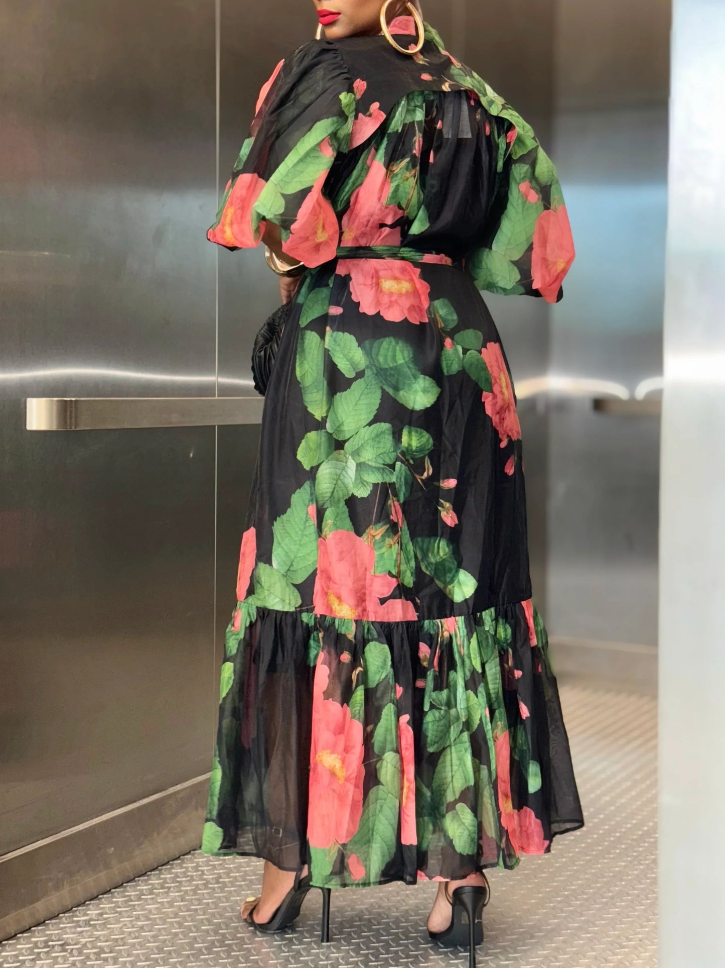 Floral-print Round Neck Maxi Dress