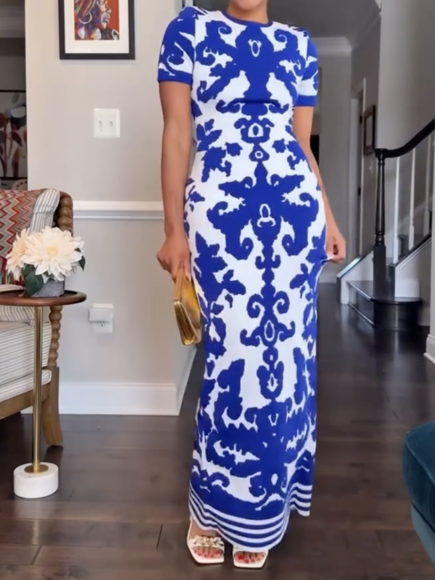 Round Neck Short Sleeve Jacquard Bandage Maxi Dress