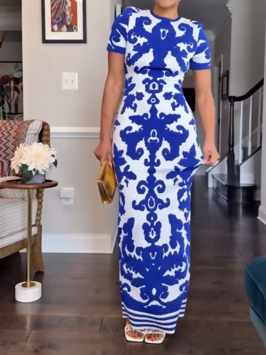 Round Neck Short Sleeve Jacquard Bandage Maxi Dress