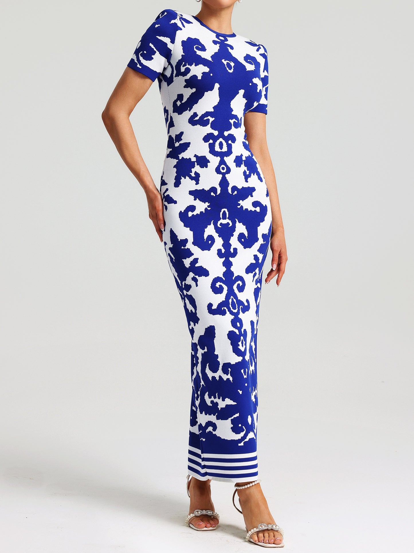 Round Neck Short Sleeve Jacquard Bandage Maxi Dress