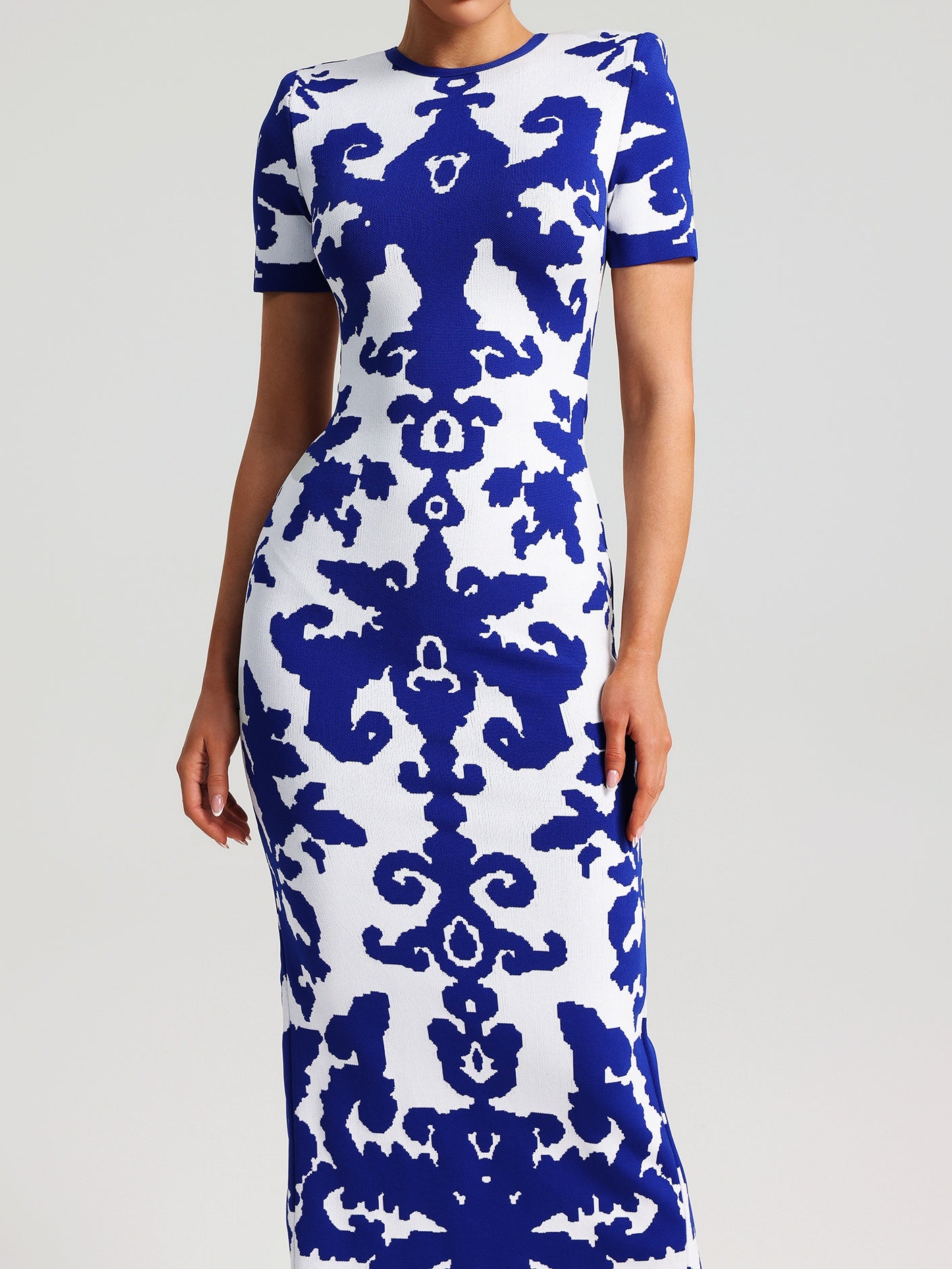 Round Neck Short Sleeve Jacquard Bandage Maxi Dress