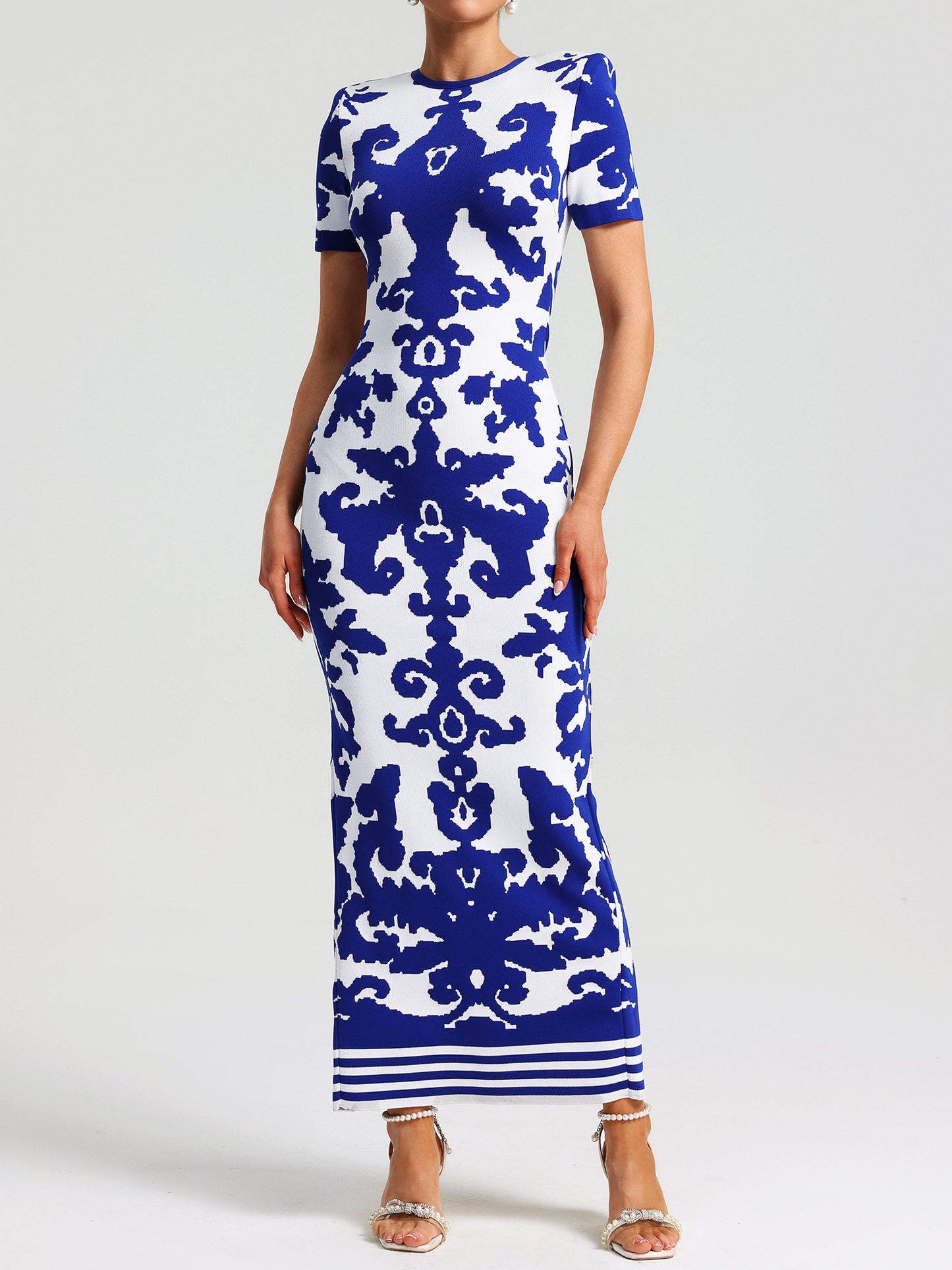Round Neck Short Sleeve Jacquard Bandage Maxi Dress