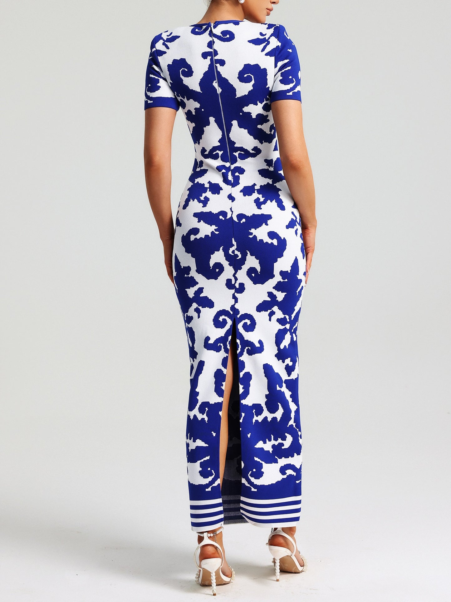 Round Neck Short Sleeve Jacquard Bandage Maxi Dress