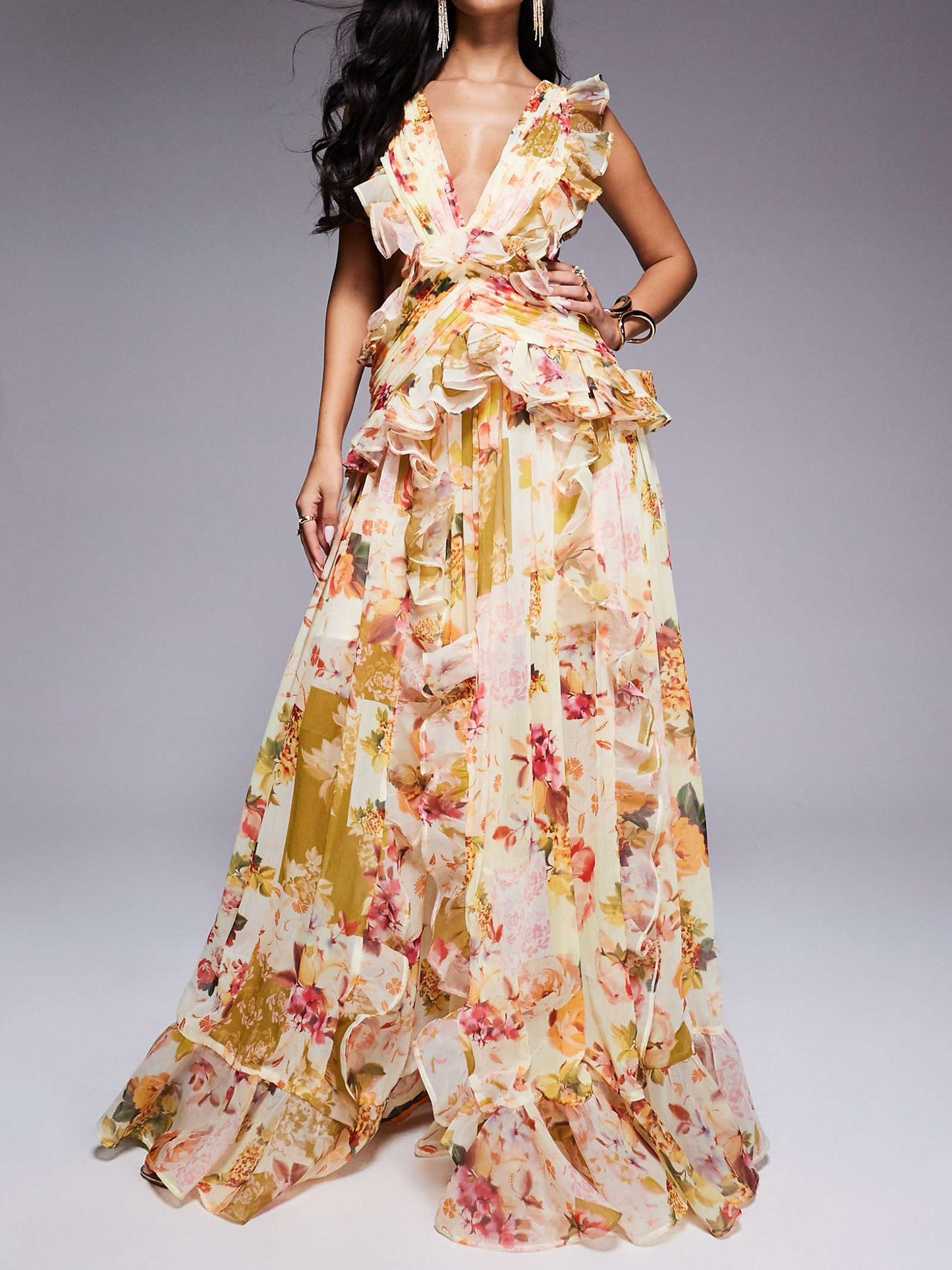 Ruched Chiffon Detail & Open Back In Patchwork Floral Maxi Dress