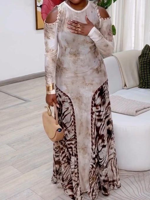 Marble Print Crew Neck Long Sleeve Maxi Dress