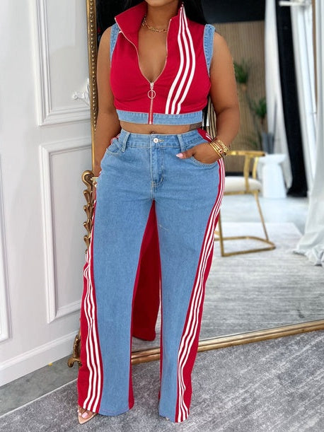 Denim Patchwork Zipper Jacket Two Pieces Set