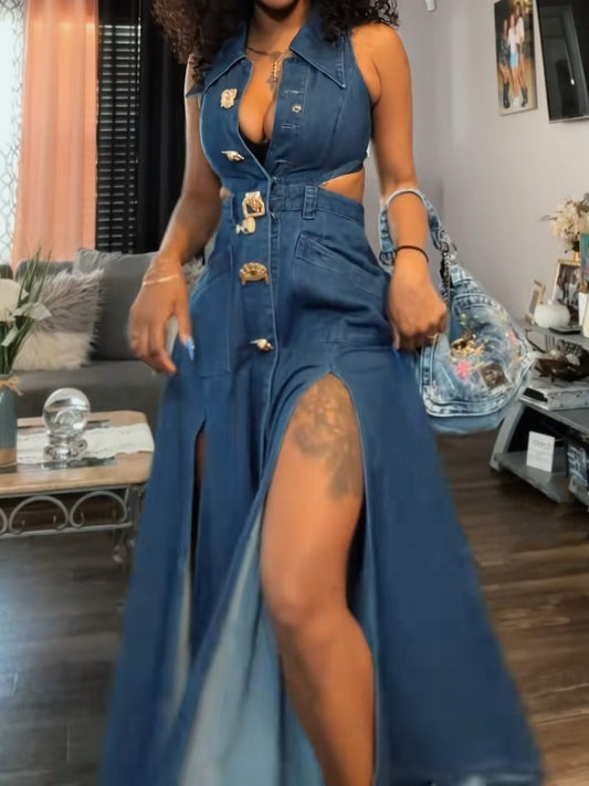 Cut-Out Sleeveless Lapel Denim Dress