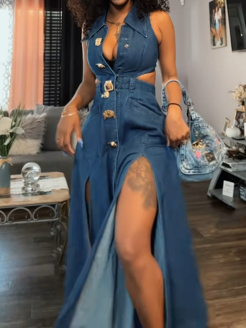 Cut-Out Sleeveless Lapel Denim Dress