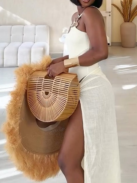 Sand Gold Trim Linen Look Side Split Beach Maxi Skirt